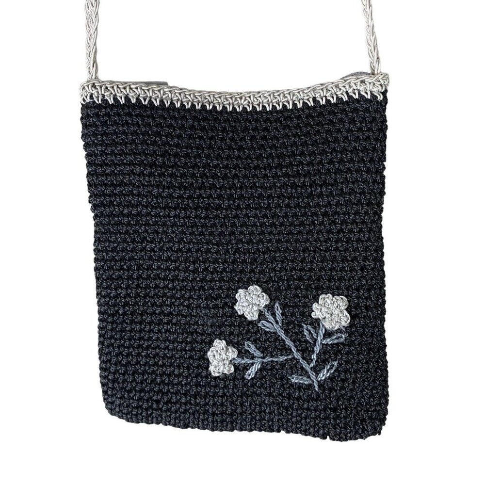 Chateau Purse Woven Black Gray Floral Crossbody Purse Zip Top 6x7.5